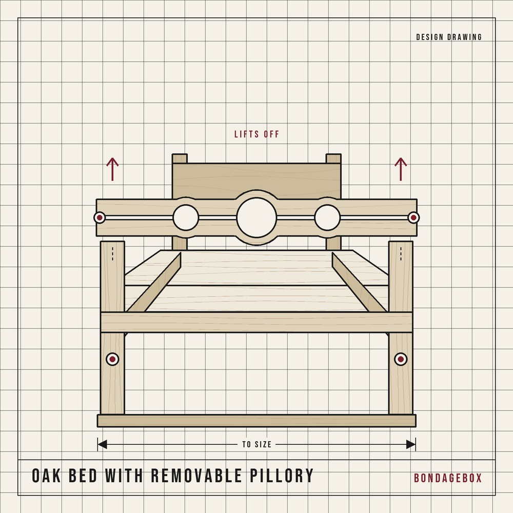 Oak bondage bed design drawing — four-post frame with a pillory board that lifts off the foot end