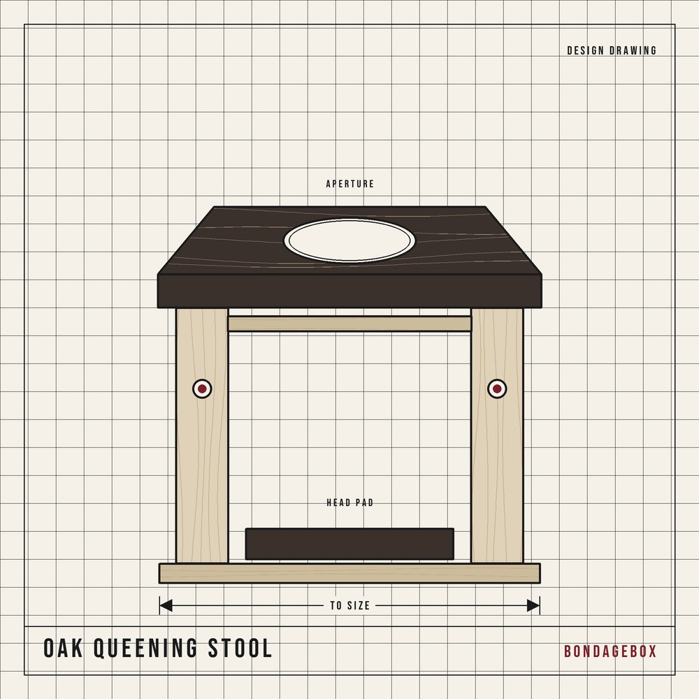 Oak queening stool design drawing - box stool with a padded apertured seat, open head end and head pad