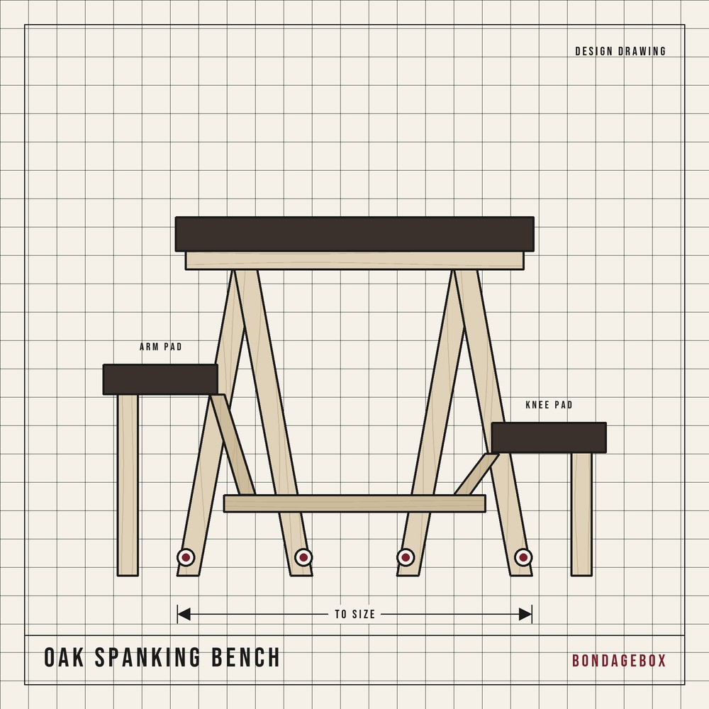 Oak spanking bench design drawing — padded top on splayed legs with knee rests and anchor points
