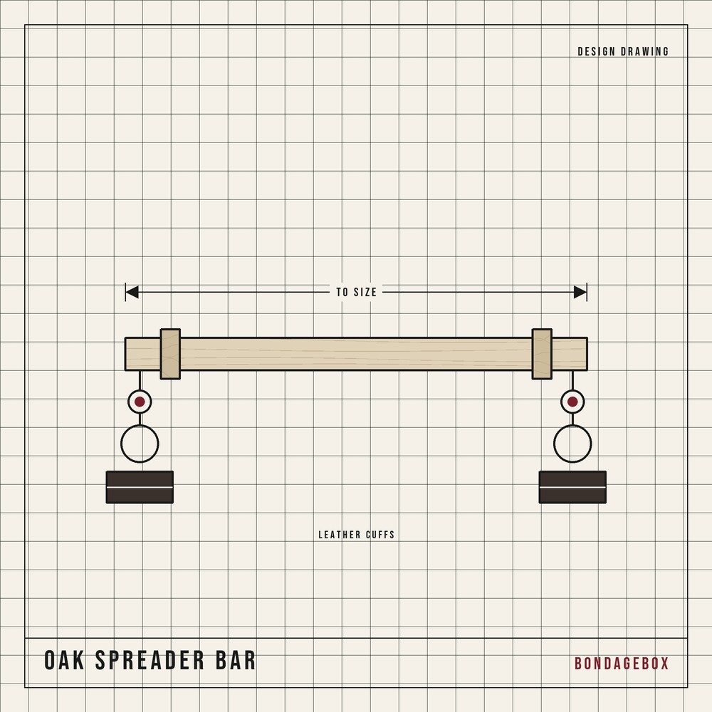 Oak spreader bar design drawing — turned bar with an eyebolt and cuff ring at each end