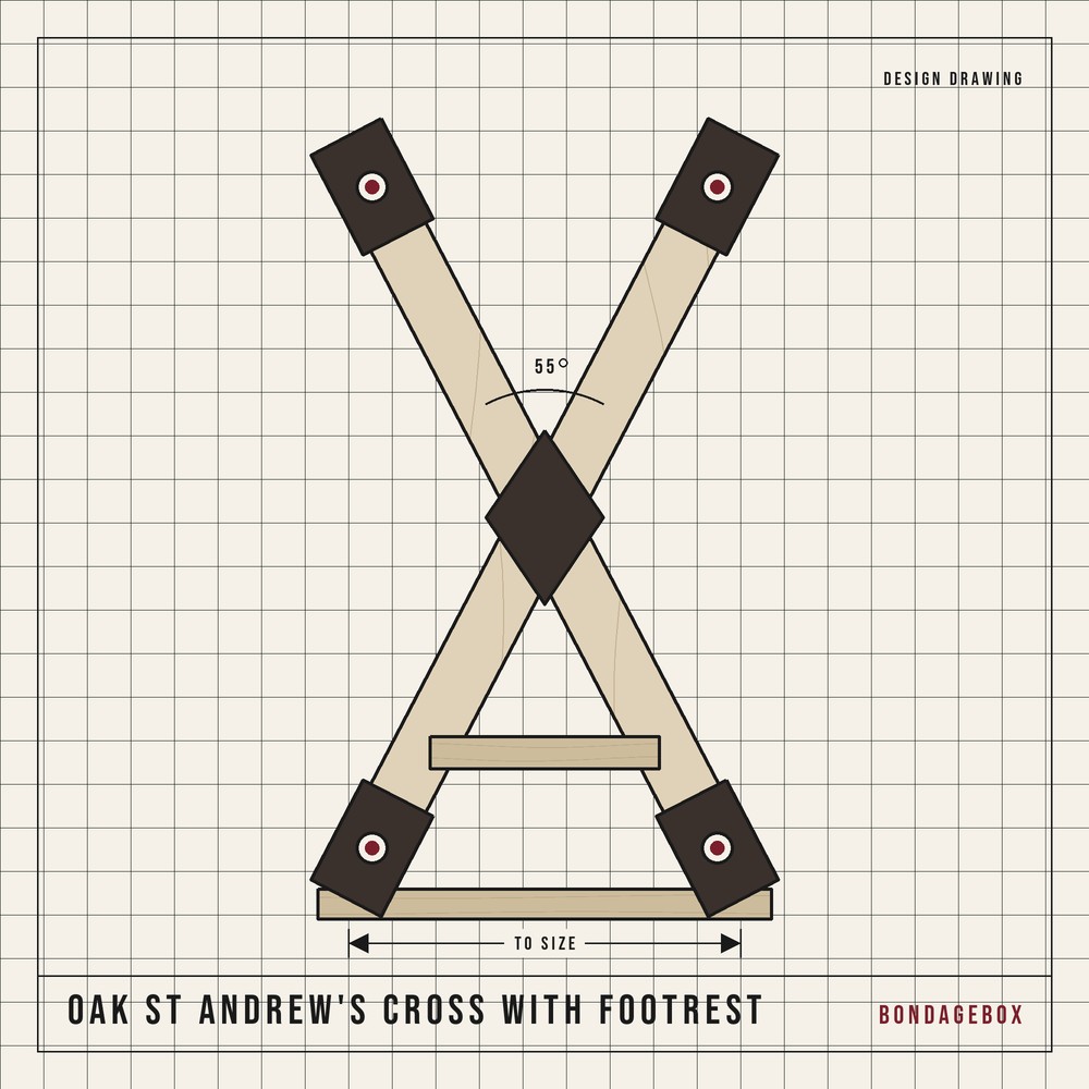 Oak St Andrew's cross design drawing — 2100 x 1095mm X-frame, 55 degree lap joint, padded cuff blocks and footrest