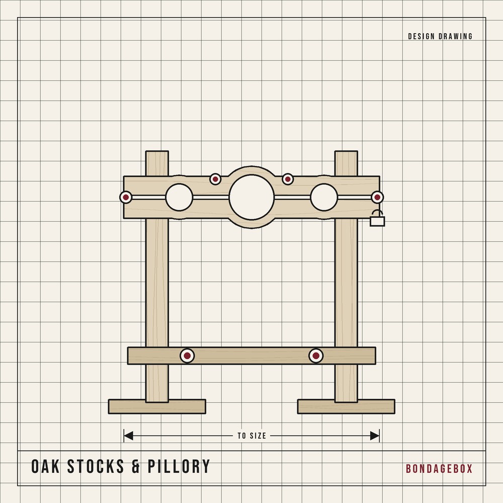 Oak stocks and pillory design drawing — standing frame with neck and wrist apertures