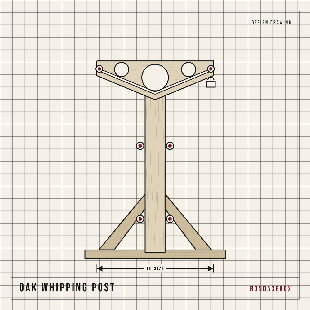 Oak whipping post design drawing — standing post on a cross base with a wrist arm and ankle points