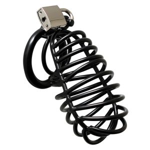 Black Metal Male Chastity Device With Padlock BondageBox UK
