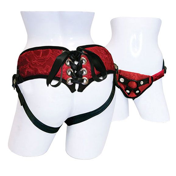 SportSheets Red Lace With Satin Corsette Strap On BondageBox UK