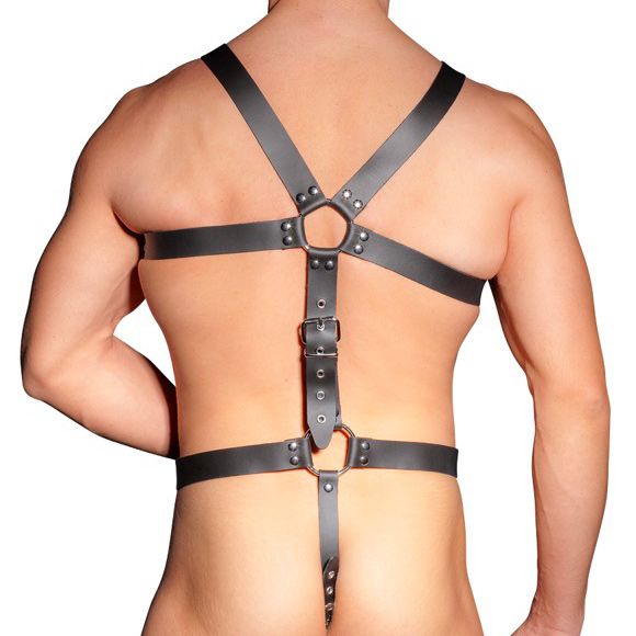 Zado Mens Leather Adjustable Harness With Cock Ring BondageBox UK
